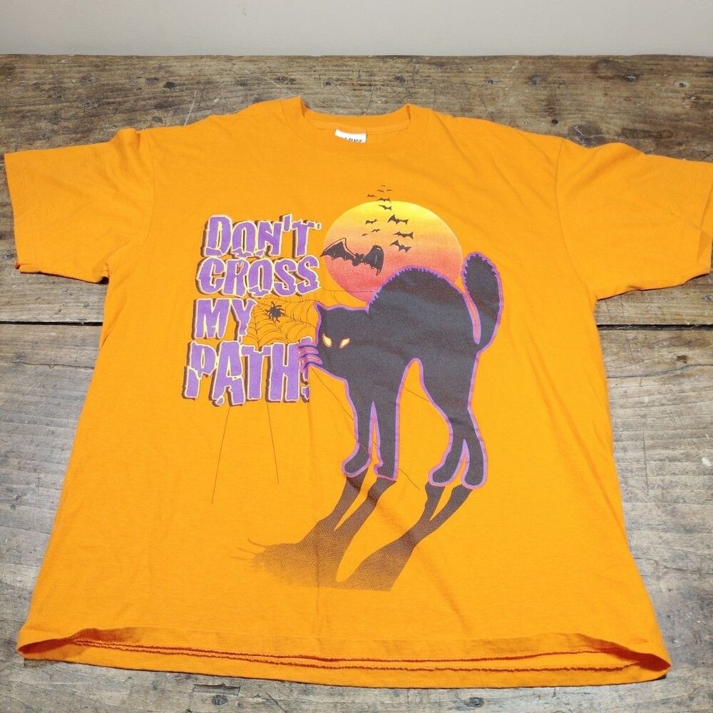 Vintage 90s Halloween T Shirt XL Orange Black Cat Bats Pumpkins Y2K Happy